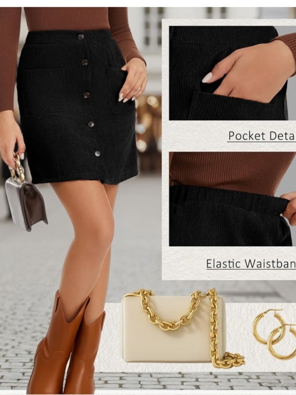 Black Corduroy Button Front Mini Skirt High Waist Pockets Size XL - Picture 2 of 4